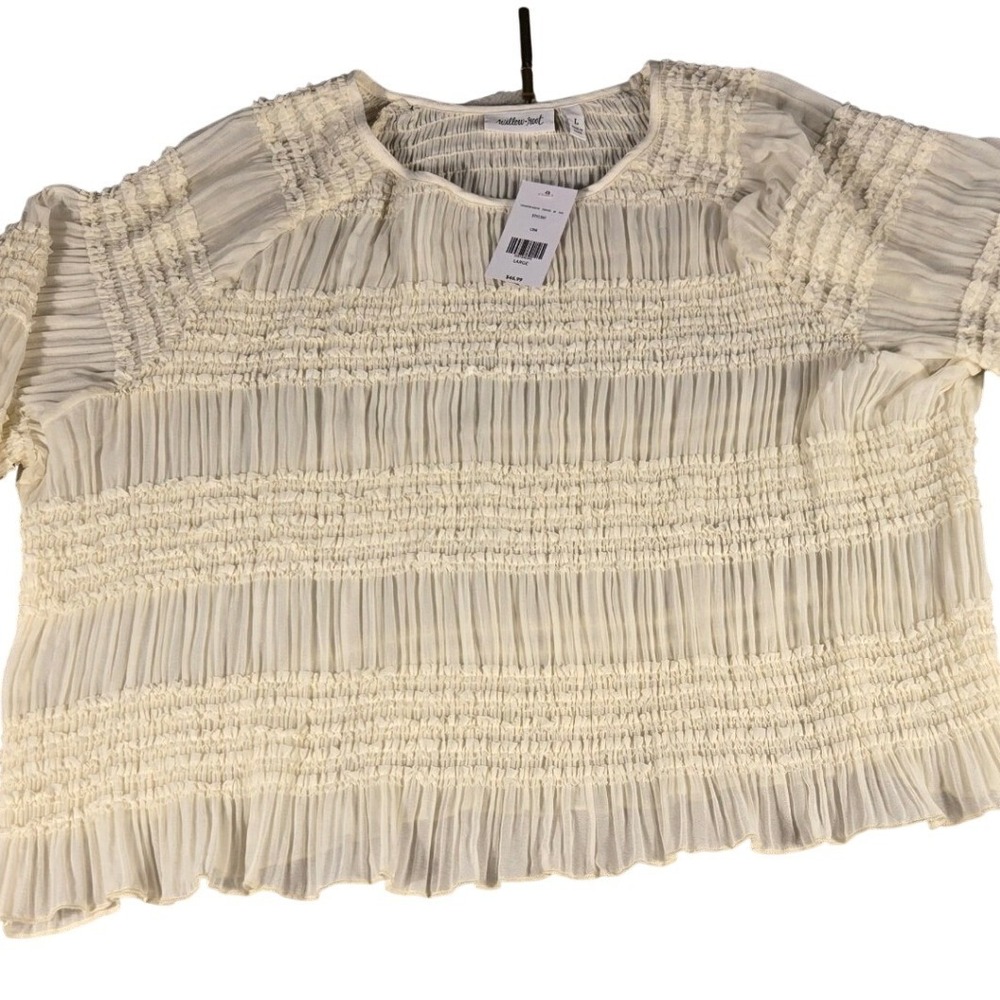 Willow + Root Cream Smocked Pleated Balloon Sleeve Blouse Top Large ST10361 NEW